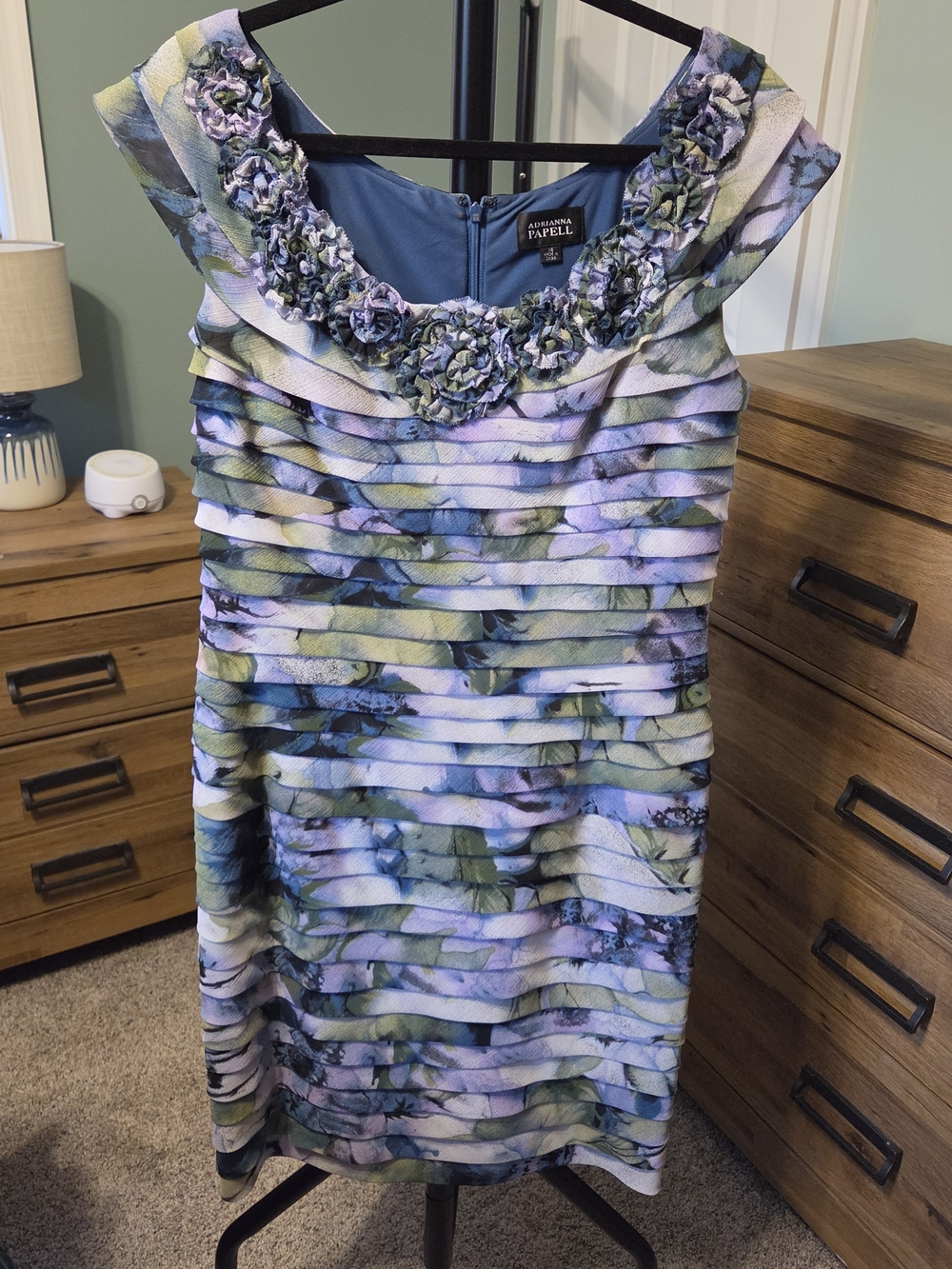 Adrianna Papell Lavender, Green & Blue Floral Ruffled Midi Dress
